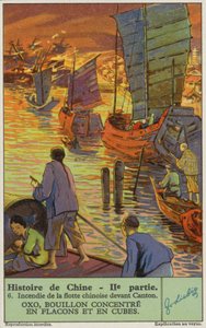 Brenning av den kinesiske flåten ved Canton (chromolitho) av European School
