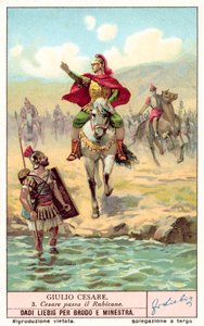 Cæsar krysser Rubicon, 49 f.Kr. (chromolitho) av European School