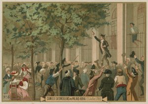 Camille Desmoulins sender ut sin oppfordring til våpen utenfor Palais Royal, Paris, den franske revolusjonen, 12. juli 1789 av European School