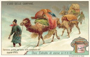 Caravan guidet av lyden av en klokke i ørkenene i Sentral-Asia (chromolitho) av European School