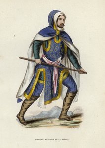 Militærdrakt fra det femtende århundre (farget gravering) av European School