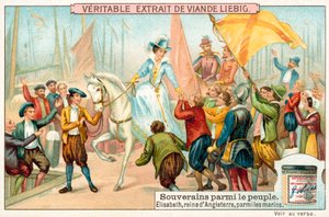 Elizabeth I av England blant marinens sjømenn (chromolitho) av European School