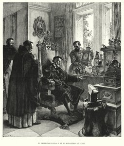 Keiser Charles V i pensjonisttilværelse ved klosteret Yuste, Spania, etter hans abdikasjon (litho) av European School