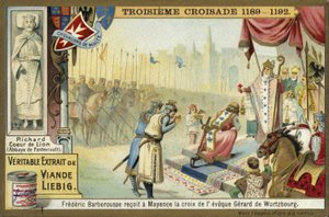 Frederick Barbarossa tar korset fra biskopen av Würzburg, Mainz, Tyskland, tredje korstog, 1188 av European School