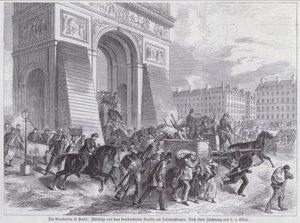Rømlinger fra den franske hærens bombardement av Neuilly som passerte Triumfbuen, Paris Commune, april 1871 (gravering) av European School