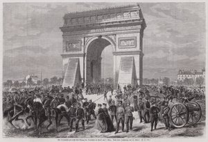 Tyske soldater ved Triumfbuen, Paris, etter å ha sikret seier i den fransk-prøyssiske krigen, 2. mars 1871 (gravering) av European School