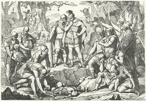 Germanicus begraver beinene til soldater fra de tre romerske legionene kommandert av Publius Quinctilius Varus ødelagt av tyskerne i slaget ved Teutoburgerskogen i 9 f.Kr. (gravering) av European School