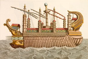 Gigantisk lekter av den romerske keiseren Caligula (farget gravering) av European School
