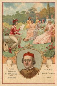 Giovanni Boccaccio, italiensk forfatter og poet, og en scene fra The Decameron av European School