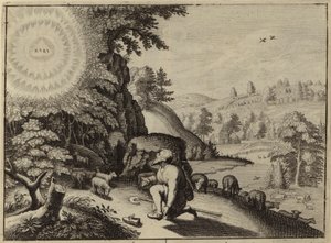 Gud viser seg for Moses i den brennende busken (gravering) av European School