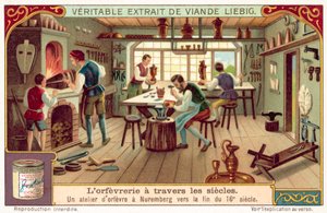 Gullsmedverksted i Nürnberg, sent på 1500-tallet (chromolitho) av European School