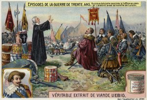Gustavus Adolphus av Sverige deltar på en friluftstjeneste før slaget ved Lutzen, Tyskland, 1632 av European School