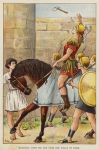 Hannibal kaster øksen sin over murene i Roma (chromolitho) av European School