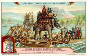 Hannibal krysser Rhone med sin hær og elefanter, 218 f.Kr. (chromolitho) av European School