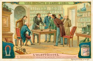 Hans Christian Oersted viser vennene sine avviket til den magnetiske nålen under påvirkning av en elektrisk strøm, 1820 av European School