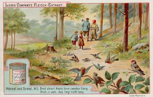 Hans og Gretel: Fugler som spiser sporet av brødsmuler etterlatt av Hans for å finne veien hjem (chromolitho) av European School