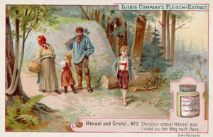 Hansel and Gretel: Hansel forlater et spor av småstein for å finne veien hjem (chromolitho) av European School