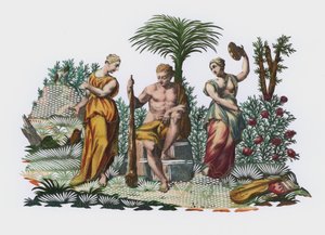 Herakles i en hage (farget gravering) av European School
