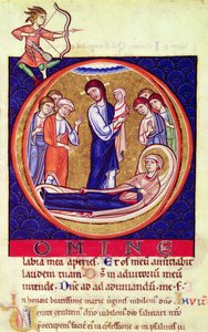 Historikert initial som skildrer Jomfruens død, fra et ukjent manuskript, 1100-1200-tallet av European School