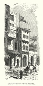 Hus med balkong i Rosetta, Egypt (litho) av European School