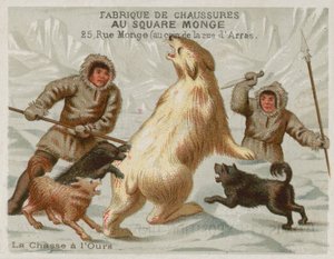 Jakt på isbjørn med hunder (chromolitho) av European School