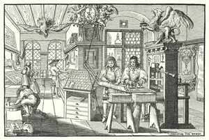 Interiør i et boktrykkerverksted, c1676 (gravering) av European School