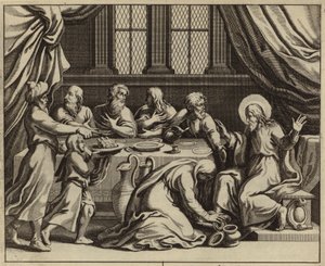 Jesus Kristus salvet av en syndig kvinne i huset til fariseeren Simon (gravering) av European School