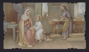Jesus Kristus som en gutt med sin mor, Maria, i Josefs snekkerverksted (chromolitho) av European School
