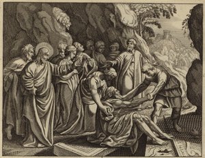 Jesus Kristus vekker Lasarus fra de døde (gravering) av European School