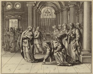 Jesus og kvinnen tatt i utroskap (gravering) av European School