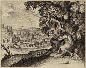Jonas ly fra solen i skyggen av en vintreet (gravering) av European School