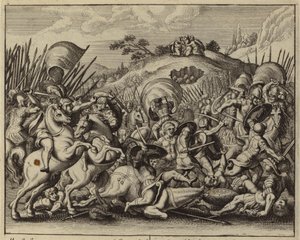 Josva og israelittene beseirer amalekittene mens Moses ber på en fjelltopp (gravering) av European School
