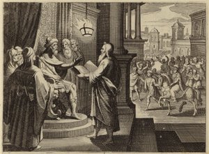 Kong Ahasverus beordret at boken som forteller om hans regjeringstid skulle bringes og leses for ham (gravering) av European School