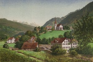 Vierwaldstättersee: Burglen (farge litho) av European School