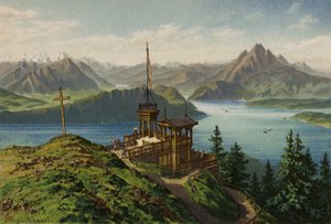 Vierwaldstättersjøen: Rigi-Kanzelli (fargelitografi) av European School