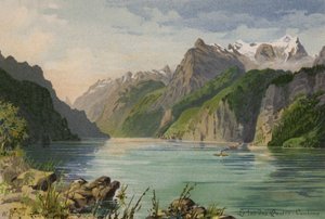 Vierwaldstättersjøen: De fire kantonenes innsjø (fargelitografi) av European School