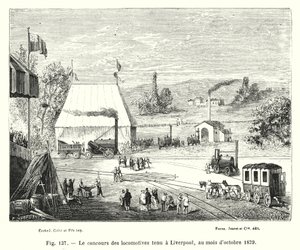 Lokomotivkonkurransen holdt i Liverpool, oktober 1829 (gravering) av European School