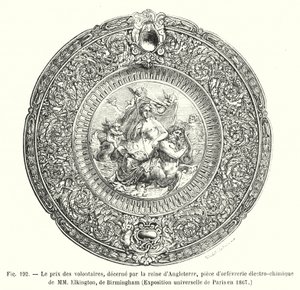 Prisen for frivillige, tildelt av dronningen av England, stykke elektrokjemisk gullsmedarbeid av MM Elkington, Birmingham, universell utstilling i Paris i 1867 (gravering) av European School