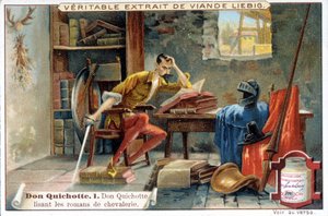 Liebig-kromolitografi: «Don Quixote»-serien, nr. 1: Don Quixote leser ridderromanene. av European School