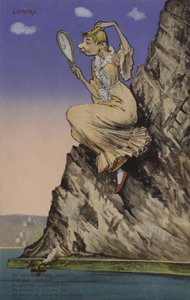 Lorelei, beundrer seg selv i et speil (farge litho) av European School