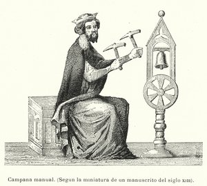 Mann som ringer en bjelle for hånd med hammere (litho) av European School