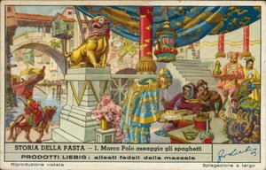 Marco Polo smaker på spaghetti i Kina (kromolitho) av European School