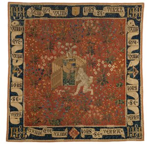 Mille fleurs-teppe som viser frodighet, våpenskjold og en vill mann, ca. 1500 (ull) av European School