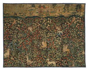 Mille fleurs billedvev fragment som viser dyr, fugler og landskap, ca. 1500 (ull) av European School