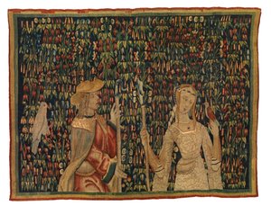 Mille fleurs billedvev fragment som viser gjeter og gjeterinne eller dame og ungdom (ull og silke) av European School