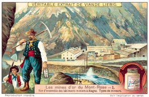 Gruvearbeidere og gruvebygninger ved Monte Rosa gullgruvene, Italia (chromolitho) av European School