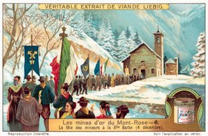 Gruvearbeidere i Monte Rosa-gullgruvene feirer festen til St Barbara, skytshelgen for gruvearbeidere (chromolitho) av European School