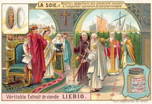 Munker bringer de første silkekokongene til keiser Justinian i Konstantinopel (chromolitho) av European School