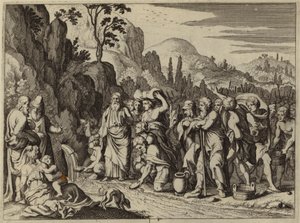 Moses slår fjellet med staven for å bringe vann frem (gravering) av European School