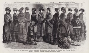 Nye vinterkapper, konfekt og besøk for damer og unge damer, modeller fra Les Grands Magasins du Louvre, Paris (gravering) av European School